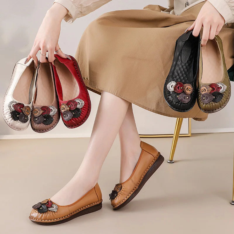 Mocasines Étnicos de Cuero Genuino para Mamá | Punta Redonda | Antideslizantes | Verano 2025
