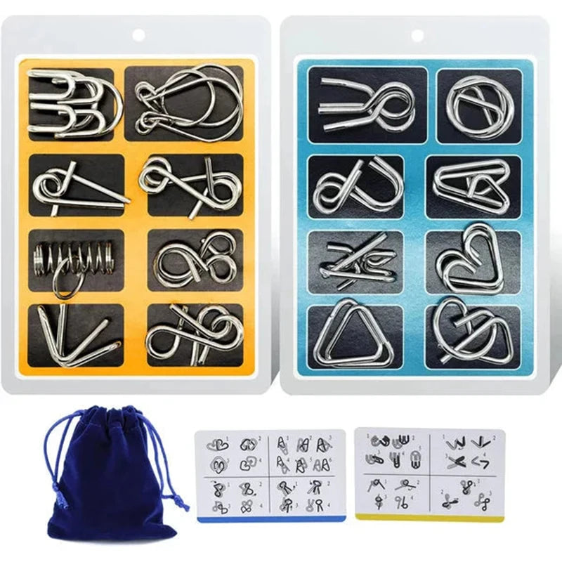 8 unids/set juego de anillos de rompecabezas de Metal juego de rompecabezas inteligente anillo y hebilla liberación IQ rompecabezas juguetes para niños adultos desarrollo cerebral