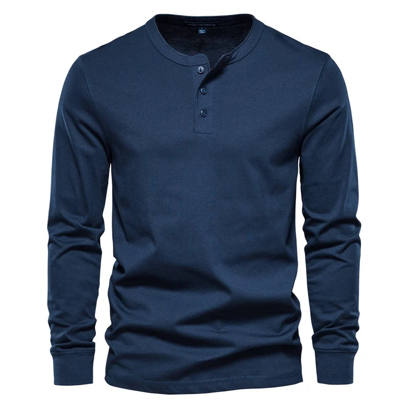 Camiseta Cuello Henley Color Sólido Hombre | Manga Larga Alta Calidad | Tallas XS-5XL | Tico Trendy