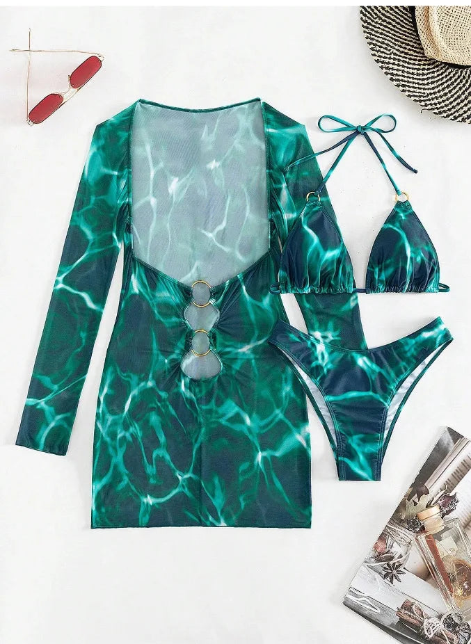 Conjunto de Tres Piezas - Bikini y Cover Up para la Arena
