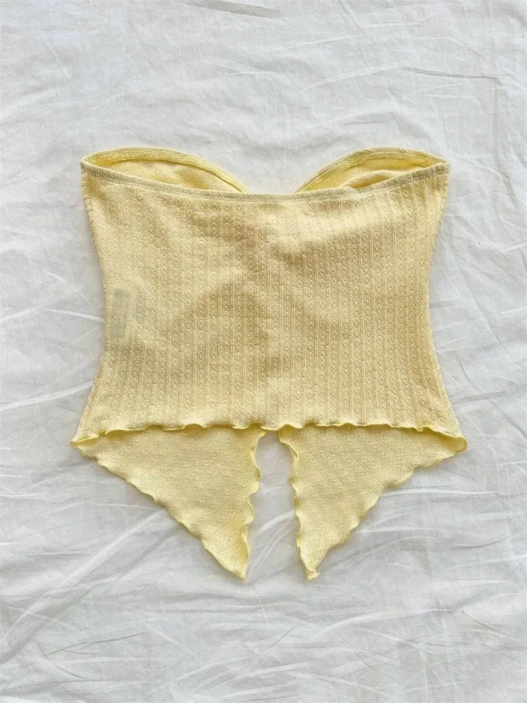 Top de tubo recortado con nudo torcido para mujer, ropa de verano Y2K, Top corto sexy con hombros descubiertos y abertura