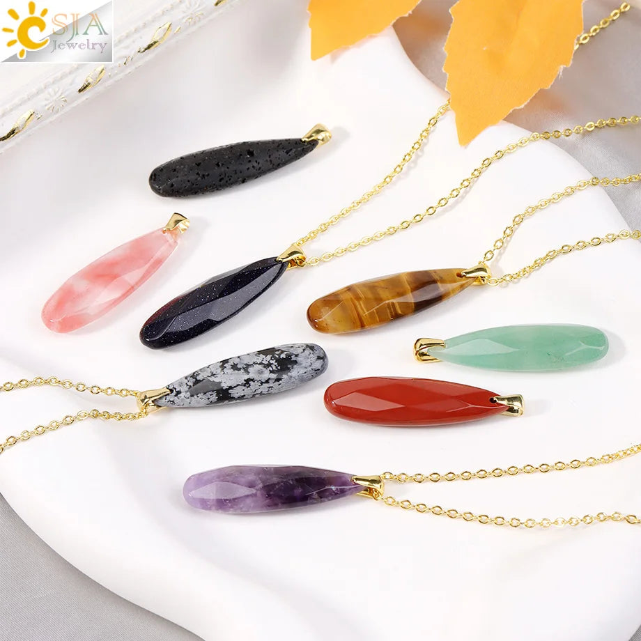 Colgante Gota Agua Piedra Natural Cristal Cadena Acero | Joyería Sanación