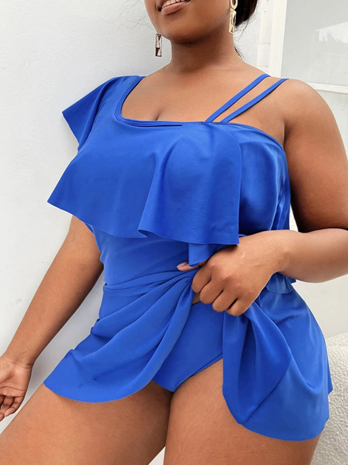 Tankini con Volantes y Hombro Descubierto Talla Grande