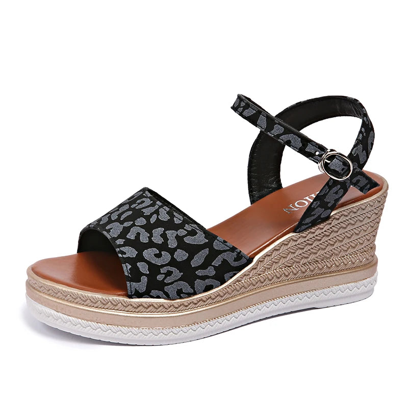Sandalias de Cuña con Plataforma Estampado Leopardo para Mujer