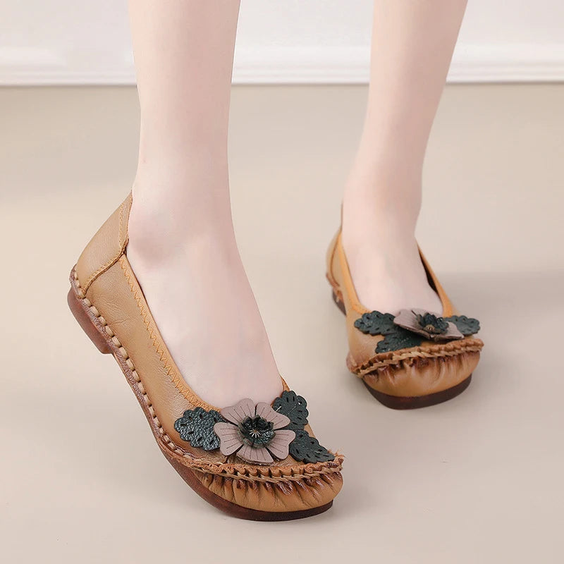 Mocasines Planos Florales de Cuero Genuino | Hechos a Mano | Talla 41 | Estilo Retro