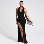 Vestido Maxi Halter Sexy Club Cuello V Profundo | Abertura Muslo Ajuste Delgado