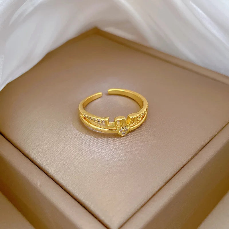 Anillos con letras de amor de circón chapado en oro de 18 quilates para mujeres y niñas, anillo de cobre abierto ajustable dulce, accesorios de joyería, regalos