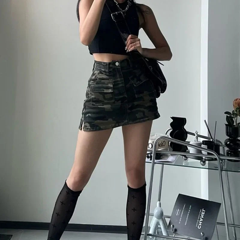 Falda de Mezclilla Camuflaje | Cintura Alta | Estilo Americano Retro