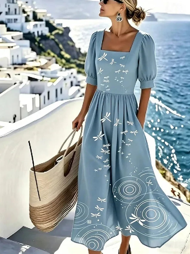 Vestido Corto Estampado Cuello Cuadrado con Bolsillos