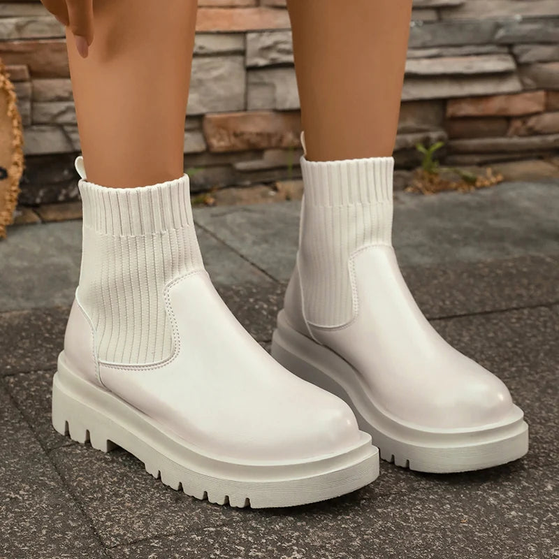 Botas Chelsea De Plataforma Mujer | Tacón Alto Cuadrado Impermeable | Estilo Leisure PU
