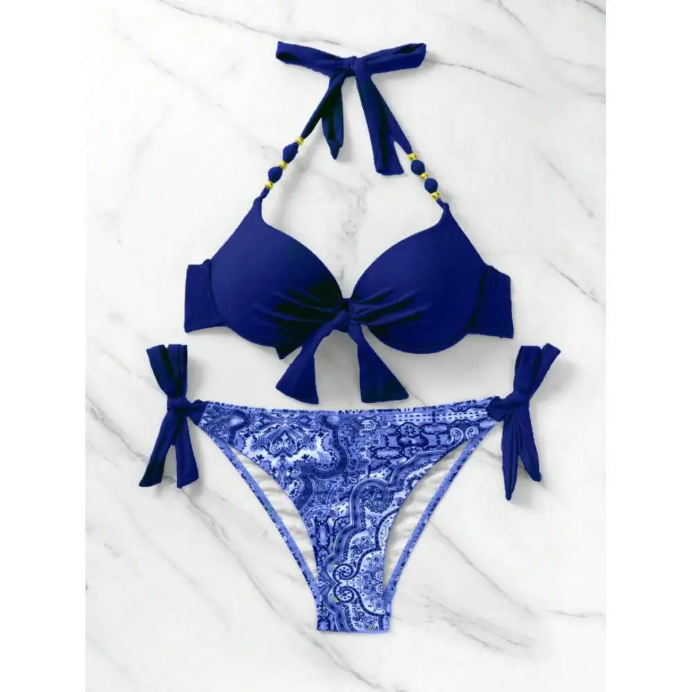 Bikini de Neón con Lazo Lateral y Estampado de Cachemira Push Up