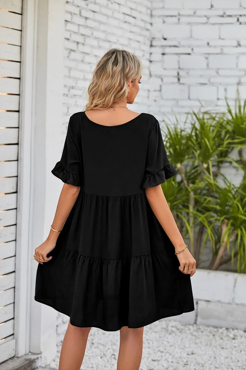 Vestido Midi de Playa | Algodón Liso Cuello V | Mangas Cortas con Volantes | Tico Trendy