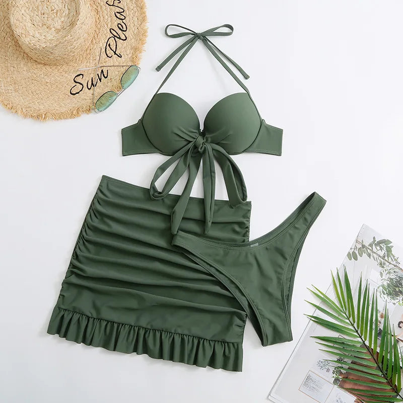 Conjunto de Bikini 3 Piezas con Falda - Top con Nudo y Bottom de Tiro Alto