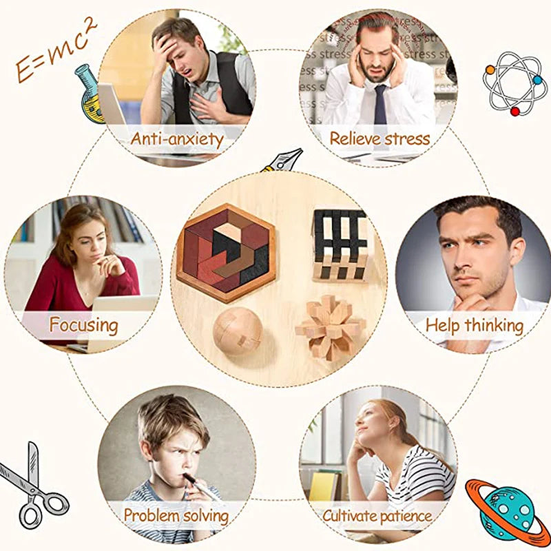 Rompecabezas clásico de rompecabezas, cuerda de enhebrado de madera, solución de cuerda, prueba de IQ Central, juguetes educativos, juegos mentales para niños y adultos