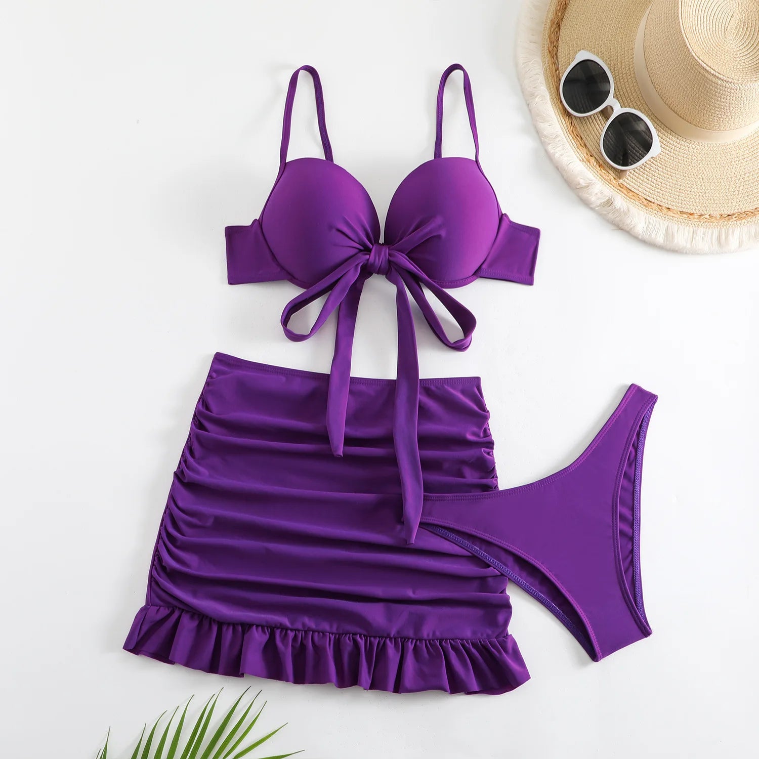 Conjunto de Bikini 3 Piezas con Falda - Top con Nudo y Bottom de Tiro Alto