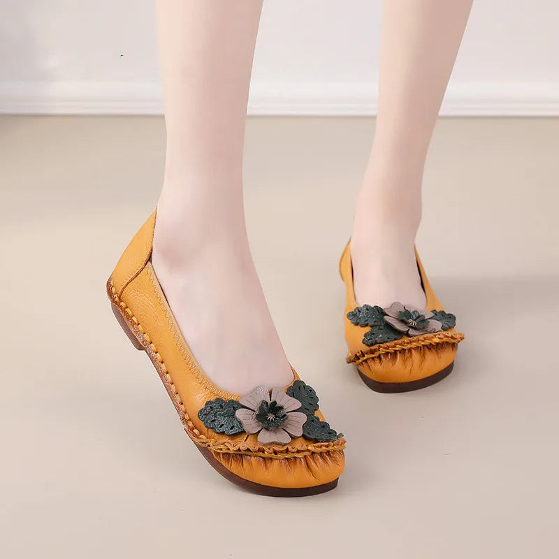 Mocasines Planos Florales de Cuero Genuino | Hechos a Mano | Talla 41 | Estilo Retro
