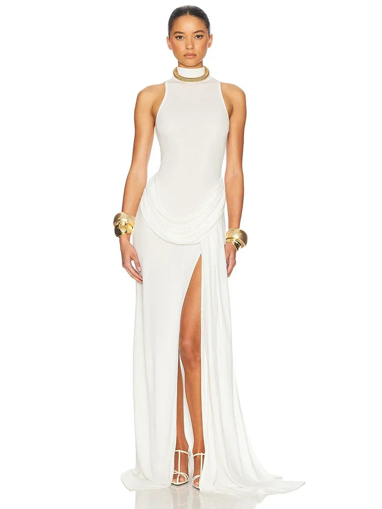 Vestido Largo Plisado sin Mangas | Cuello Alto Elegante