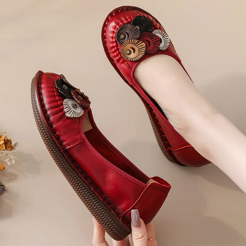 Mocasines Étnicos de Cuero Genuino para Mamá | Punta Redonda | Antideslizantes | Verano 2025