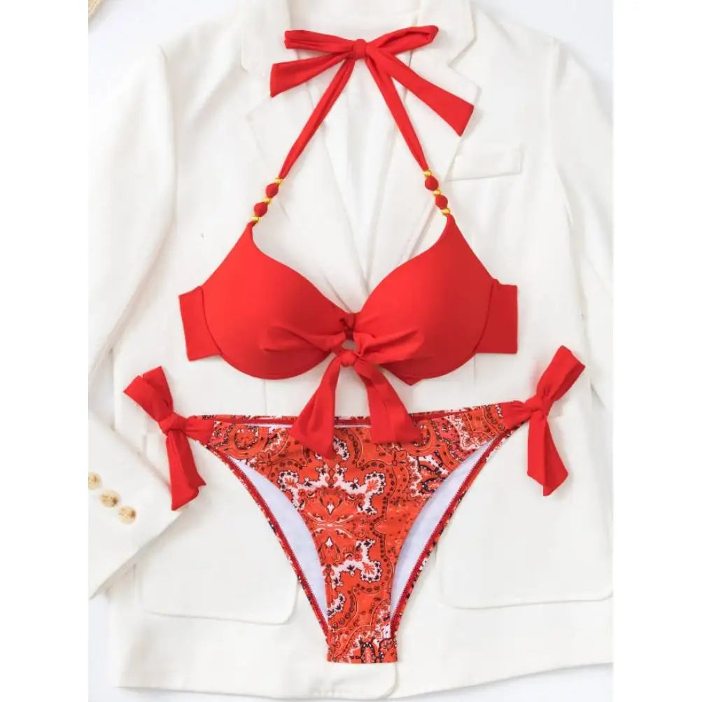 Bikini de Neón con Lazo Lateral y Estampado de Cachemira Push Up