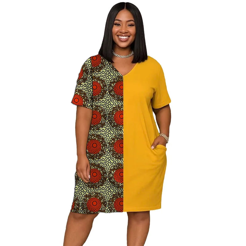 Vestido Africano Cuello en V con Patchwork Amarillo