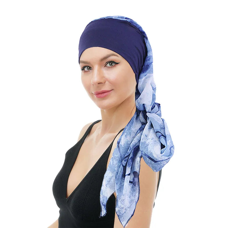 Turbante elástico con estampado de flores para mujer musulmana, para la cabeza preatado Hijab, Bandana para la pérdida de cabello, bufanda para la cabeza, novedad