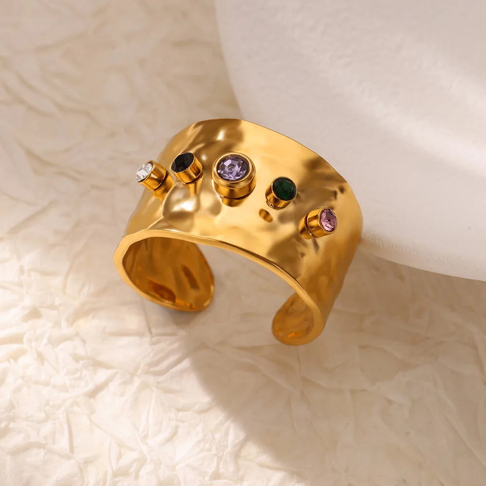 Anillo Ticotrendy Geométrico | Multicapa Circón | Grueso Acero Inox Oro