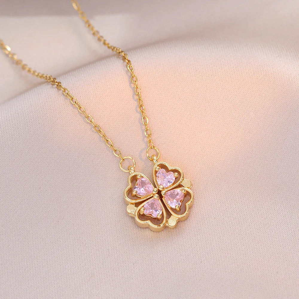 Collar Trébol Circón Magnético | Acero Inoxidable | Joyería Femenina