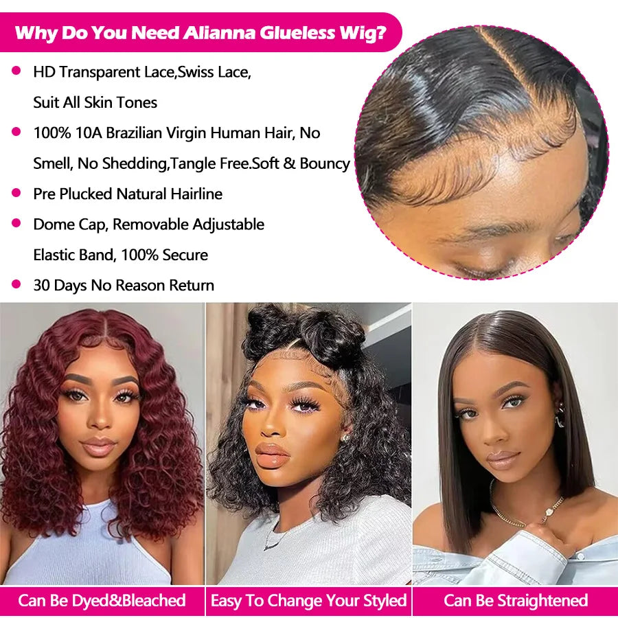 Pelucas sin pegamento con ondas de agua, pelucas de cabello humano Bob corto, pelucas de cabello humano rizado HD transparente, peluca con cierre de encaje 4x4 precortado