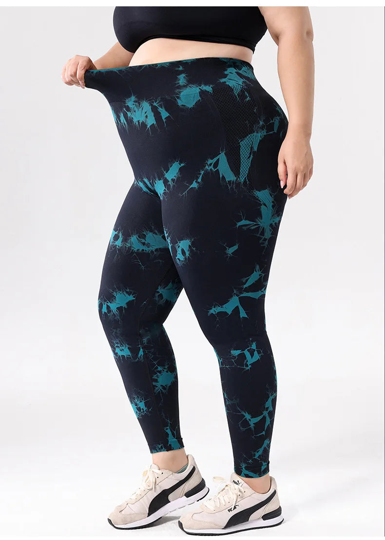 VEQKING-pantalones de Yoga de talla grande para mujer, mallas deportivas 4XL, cintura alta elástica, mallas a tope, pantalones de entrenamiento teñidos anudados de secado rápido