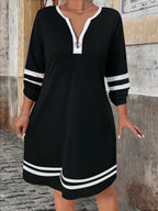Vestido Negro con Cremallera y Cuello V | Elegante Holgado de Gran Tamaño | Manga Larga | Tico Trendy