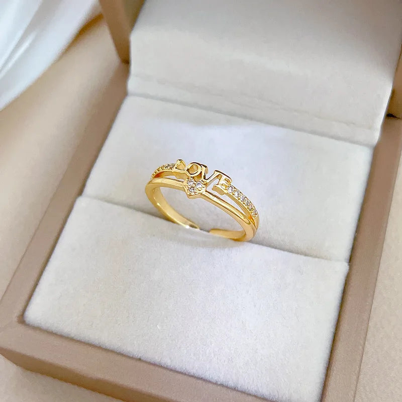 Anillos con letras de amor de circón chapado en oro de 18 quilates para mujeres y niñas, anillo de cobre abierto ajustable dulce, accesorios de joyería, regalos