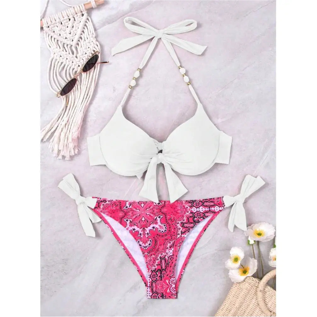 Bikini de Neón con Lazo Lateral y Estampado de Cachemira Push Up