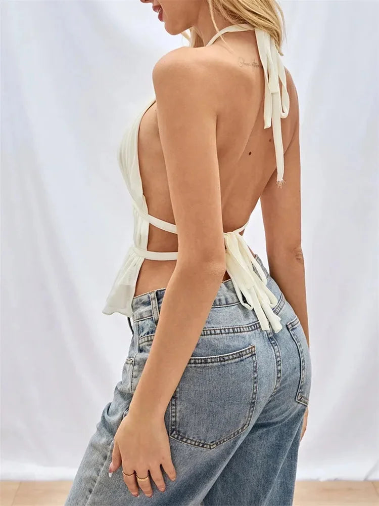 Top Sexy plisado con espalda descubierta para mujer, camiseta sin mangas con dobladillo con volantes y hombros descubiertos, camisola Y2K, ropa de calle