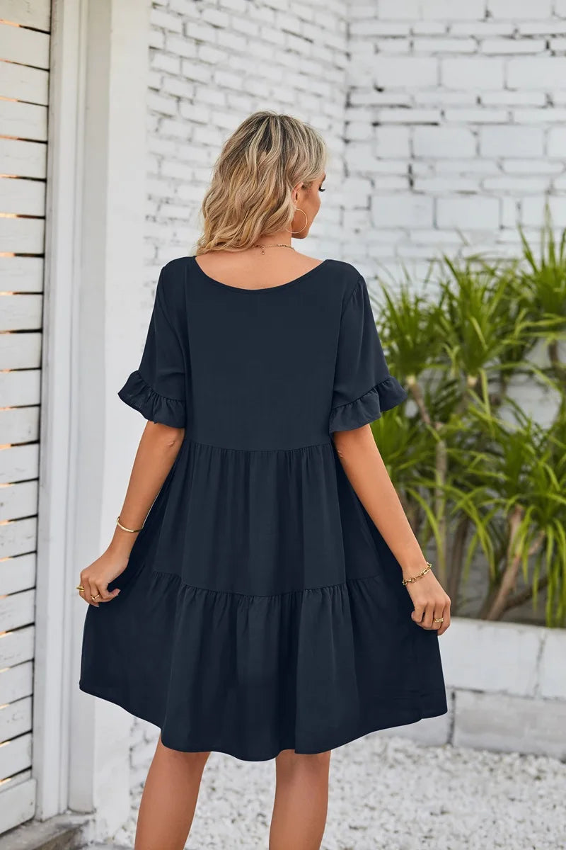 Vestido Midi de Playa | Algodón Liso Cuello V | Mangas Cortas con Volantes | Tico Trendy