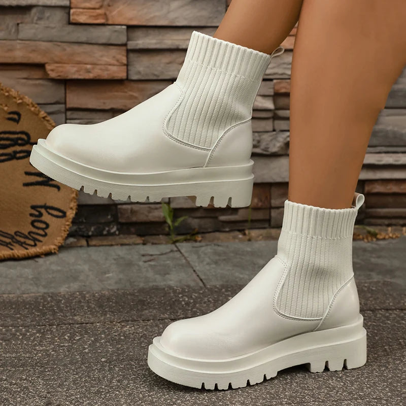 Botas Chelsea De Plataforma Mujer | Tacón Alto Cuadrado Impermeable | Estilo Leisure PU