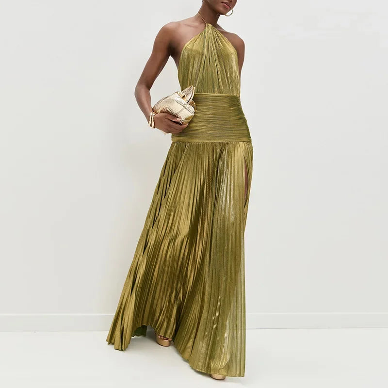 Vestido Largo Dorado Halter Plisado Sexy Club | Abertura Alta Sin Mangas Camisola
