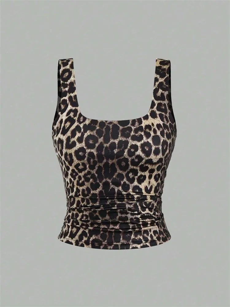 Ticotrendy | Top Fruncido Estampado Leopardo Espalda Descubierta Mujer