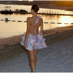 Vestido elegante con empalme de flores en 3d para mujer, minivestido con cordones, sin espalda, sin mangas, con dobladillo plegable, para playa