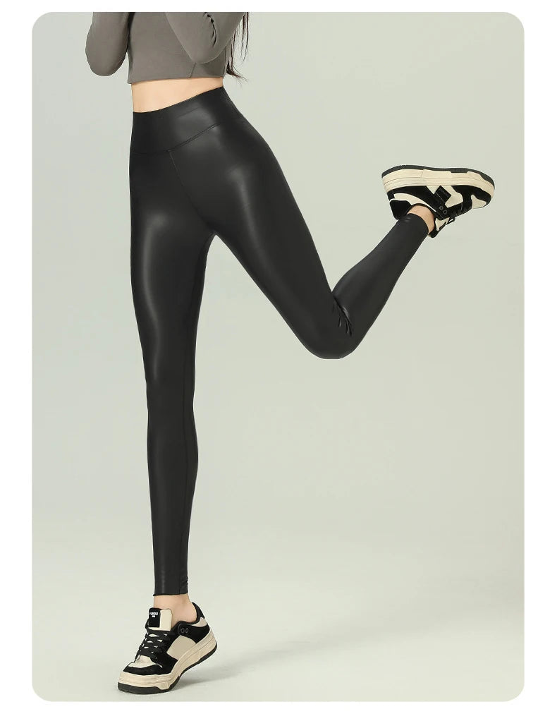 Leggings PU Cuero Invierno | Lana Fina Sexy Ajustado | Cintura Alta Elástico Cálido