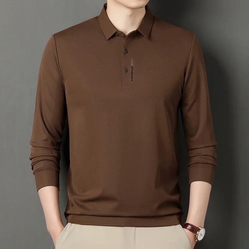 Polo con solapa para hombre, camiseta elástica de alta calidad, Top informal de negocios, camisetas clásicas de manga larga, cómodas y ajustadas, otoño