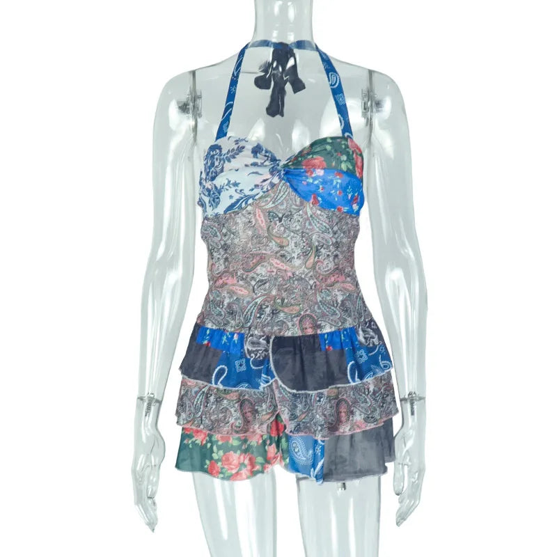 Elegante Mini Vestido Halter con Volantes para Fiestas y Vacaciones