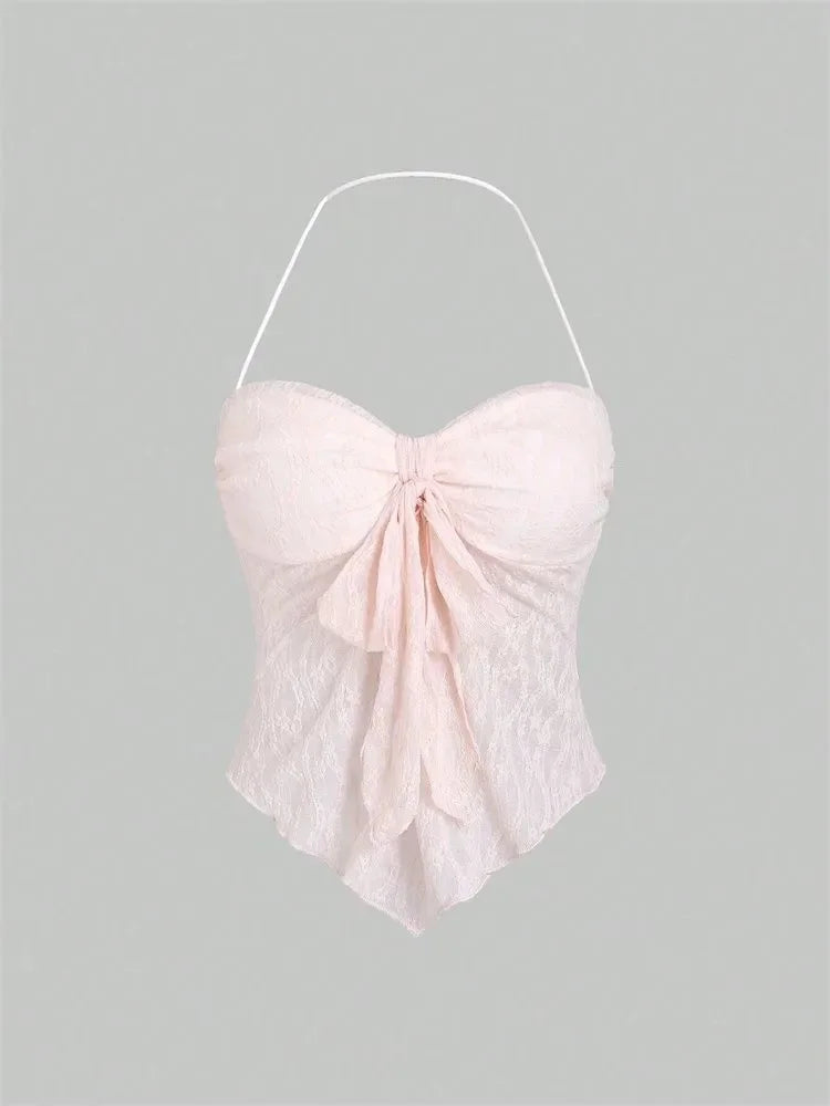 Top Halter de encaje con lazo para mujer, Top Sexy con estampado Floral y hombros descubiertos, Top corto con cuello en V y espalda descubierta, ropa Y2K
