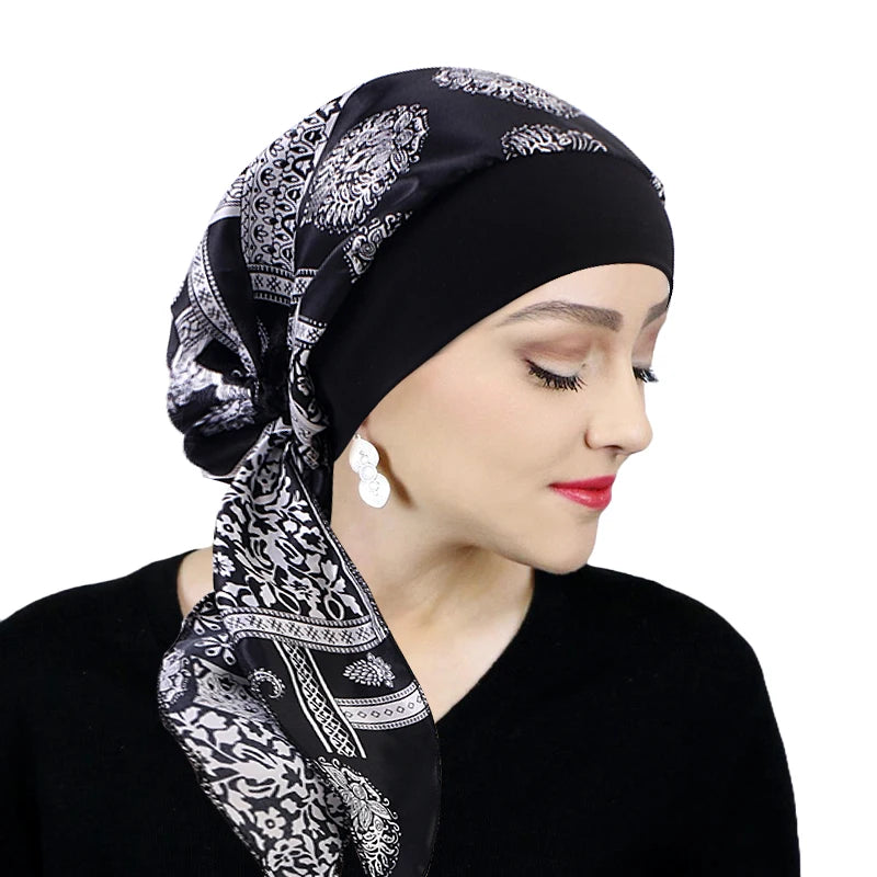 Turbante de satén preatado para mujer, hiyab interior musulmán, gorros para quimio contra el cáncer, pañuelo para la cabeza para la pérdida de cabello, Bandana, accesorios elásticos para el cabello