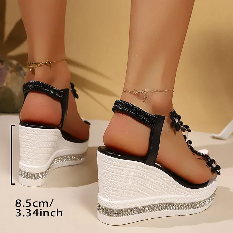 Sandalias de Mujer | Plataforma y Tacón Alto | Flores y Diamantes de Imitación