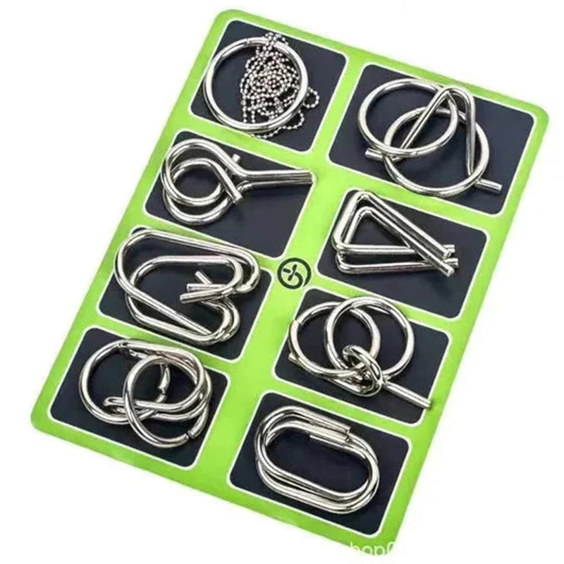 8 unids/set juego de anillos de rompecabezas de Metal juego de rompecabezas inteligente anillo y hebilla liberación IQ rompecabezas juguetes para niños adultos desarrollo cerebral