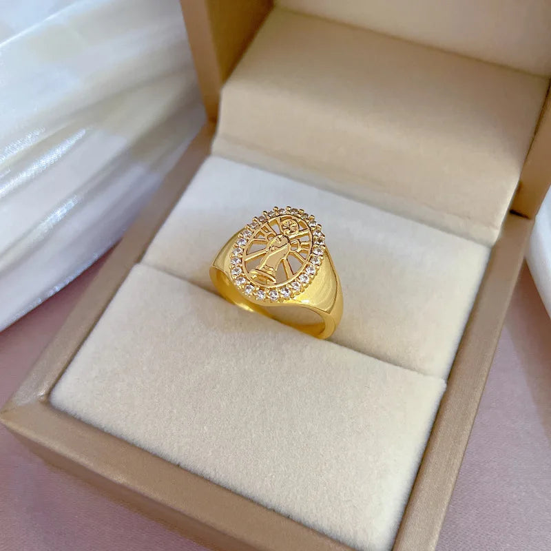 Anillo de Jesús de circón chapado en oro de 18 quilates para mujeres y hombres, anillo de cobre ajustable Vintage que se puede abrir, accesorios de joyería, regalos para amigos