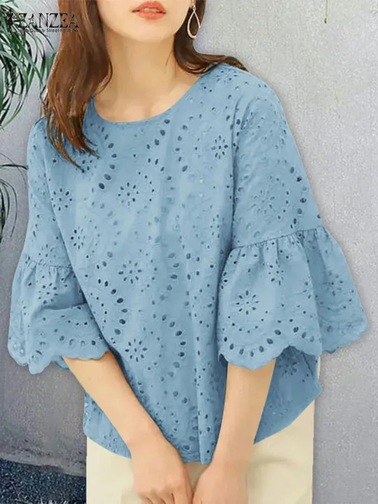 Blusa Bohemia Encaje Crochet Manga Tres Cuartos Estilo Patchwork Mujer