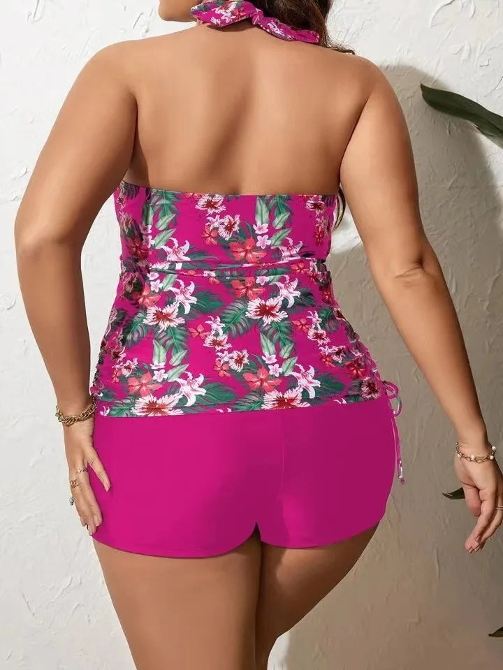 Bikini de Talla Grande Estampado | Cordón Lateral, Cuello Colgante y Encaje | Espalda Descubierta