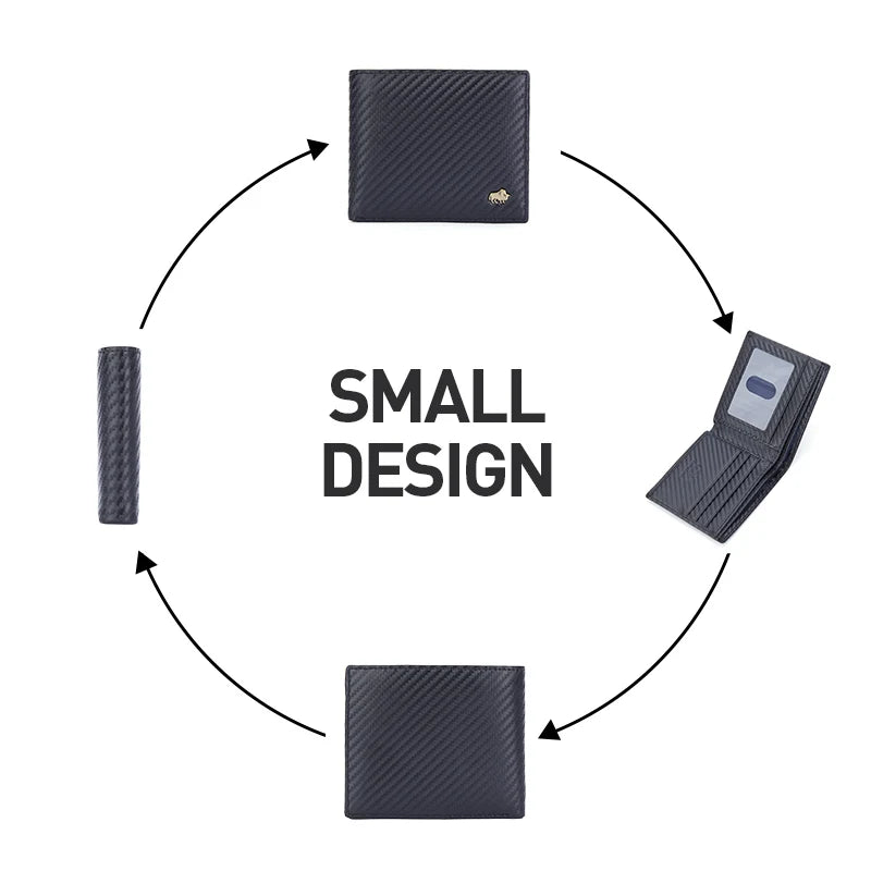 BISON DENIM-billetera de fibra de carbono para hombre, Tarjetero con bloqueo RFID, bolsillo para monedas, monedero de cuero plegable para negocios, regalos ideales para hombre