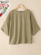 Blusa de Verano para Mujer  | Cuello Redondo | Manga 3/4 y Tamaño Grande | Ticotrendy